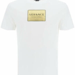 VERSACE LOGO PLAQUE T-SHIRT L White, Gold Cotton