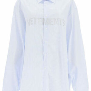 VETEMENTS STRIPED SHIRT WITH GLITTER LOGO M Light blue, White Cotton