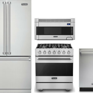 Viking 3 4 Piece Kitchen Appliances Package with French Door Refrigerator, Dual Fuel Range, Over the Range Microwave and Dishwasher in Stainless Steel