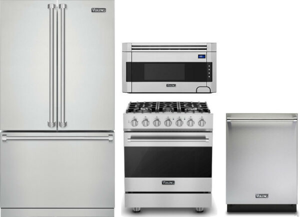 Viking 3 4 Piece Kitchen Appliances Package with French Door Refrigerator, Dual Fuel Range, Over the Range Microwave and Dishwasher in Stainless Steel