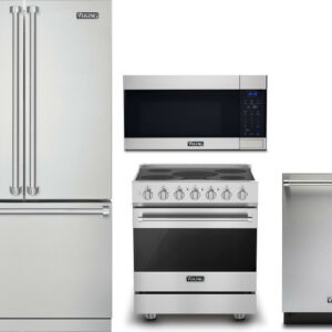 Viking 3 4 Piece Kitchen Appliances Package with French Door Refrigerator, Electric Range, Over the Range Microwave and Dishwasher in Stainless Steel