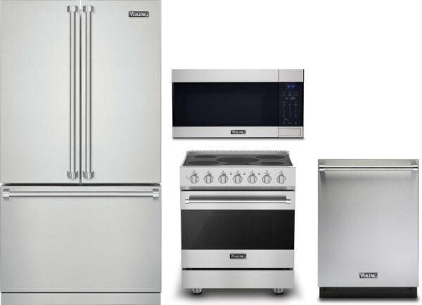 Viking 3 4 Piece Kitchen Appliances Package with French Door Refrigerator, Electric Range, Over the Range Microwave and Dishwasher in Stainless Steel