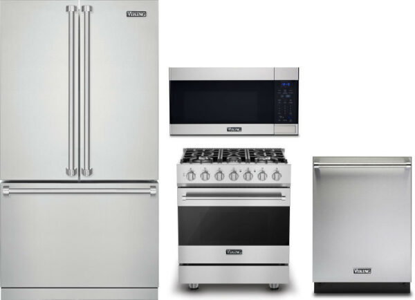 Viking 3 4 Piece Kitchen Appliances Package with French Door Refrigerator, Gas Range, Over the Range Microwave and Dishwasher in Stainless Steel VIRER