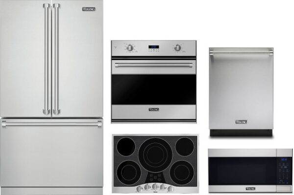 Viking 3 5 Piece Kitchen Appliances Package with French Door Refrigerator, Dishwasher and Over the Range Microwave in Stainless Steel VIRECTWODWMW67