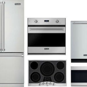 Viking 3 5 Piece Kitchen Appliances Package with French Door Refrigerator, Dishwasher and Over the Range Microwave in Stainless Steel VIRECTWODWMW71