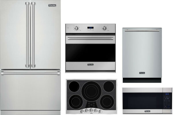 Viking 3 5 Piece Kitchen Appliances Package with French Door Refrigerator, Dishwasher and Over the Range Microwave in Stainless Steel VIRECTWODWMW71