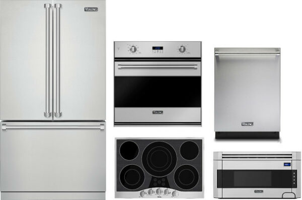 Viking 3 5 Piece Kitchen Appliances Package with French Door Refrigerator, Dishwasher and Over the Range Microwave in Stainless Steel VIRECTWODWRH93