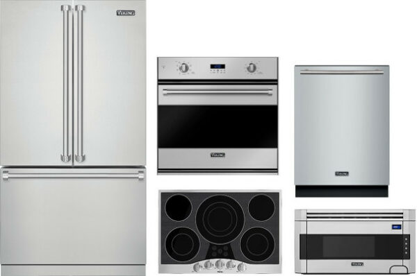 Viking 3 5 Piece Kitchen Appliances Package with French Door Refrigerator, Dishwasher and Over the Range Microwave in Stainless Steel VIRECTWODWRH95