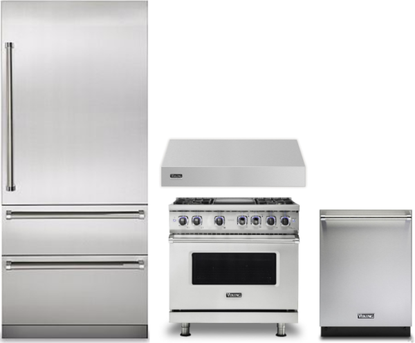 Viking 4 Piece Kitchen Appliances Package with Bottom Freezer Refrigerator, Dual Fuel Range and Dishwasher in Stainless Steel VIRERADWRH2002