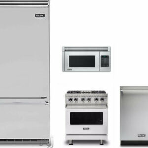 Viking 5 4 Piece Kitchen Appliances Package with Bottom Freezer Refrigerator, Dual Fuel Range, Dishwasher and Over the Range Microwave in Stainless St