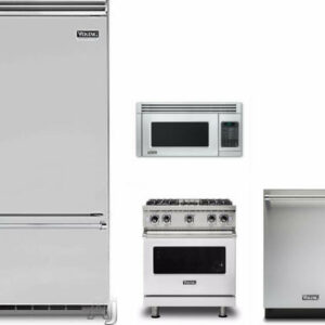 Viking 5 4 Piece Kitchen Appliances Package with Bottom Freezer Refrigerator, Gas Range, Dishwasher and Over the Range Microwave in Stainless Steel VI