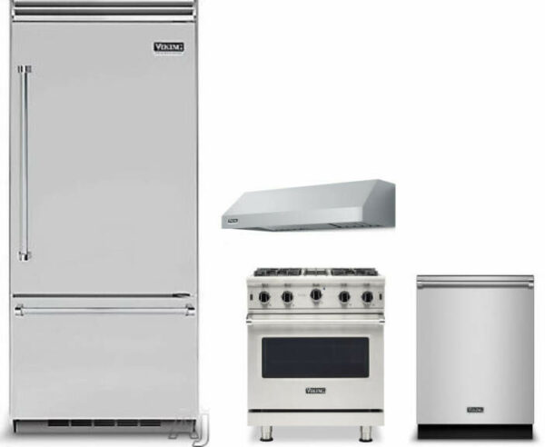 Viking 5 4 Piece Kitchen Appliances Package with Bottom Freezer Refrigerator, Gas Range and Dishwasher in Stainless Steel VIRERADWRH1413