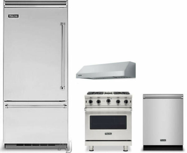 Viking 5 4 Piece Kitchen Appliances Package with Bottom Freezer Refrigerator, Gas Range and Dishwasher in Stainless Steel VIRERADWRH1414