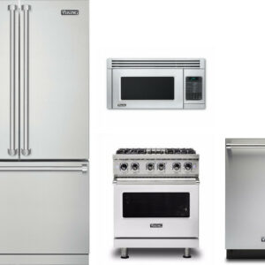 Viking 5 4 Piece Kitchen Appliances Package with French Door Refrigerator, Dual Fuel Range, Dishwasher and Over the Range Microwave in Stainless Steel