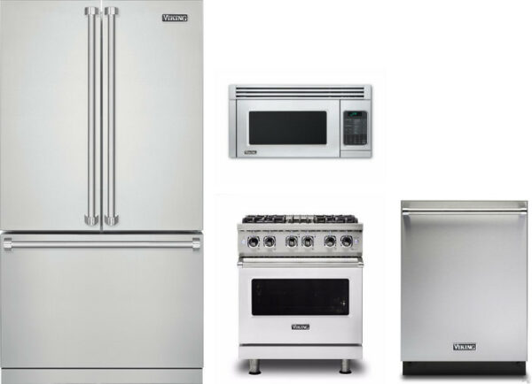 Viking 5 4 Piece Kitchen Appliances Package with French Door Refrigerator, Dual Fuel Range, Dishwasher and Over the Range Microwave in Stainless Steel