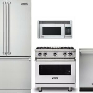 Viking 5 4 Piece Kitchen Appliances Package with French Door Refrigerator, Gas Range, Dishwasher and Over the Range Microwave in Stainless Steel VIRER