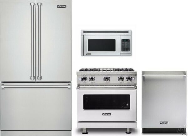 Viking 5 4 Piece Kitchen Appliances Package with French Door Refrigerator, Gas Range, Dishwasher and Over the Range Microwave in Stainless Steel VIRER