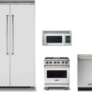 Viking 5 4 Piece Kitchen Appliances Package with Side-by-Side Refrigerator, Dual Fuel Range, Dishwasher and Over the Range Microwave in Stainless Stee