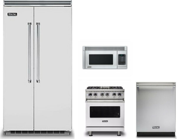 Viking 5 4 Piece Kitchen Appliances Package with Side-by-Side Refrigerator, Dual Fuel Range, Dishwasher and Over the Range Microwave in Stainless Stee