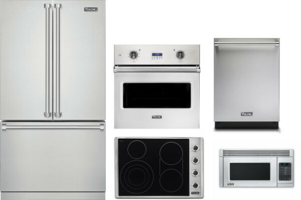 Viking 5 5 Piece Kitchen Appliances Package with French Door Refrigerator, Dishwasher and Over the Range Microwave in Stainless Steel VIRECTWODWMW115