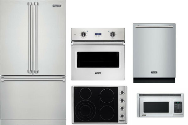 Viking 5 5 Piece Kitchen Appliances Package with French Door Refrigerator, Dishwasher and Over the Range Microwave in Stainless Steel VIRECTWODWMW117