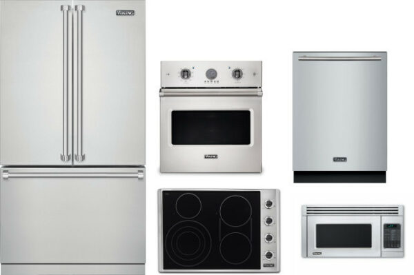 Viking 5 5 Piece Kitchen Appliances Package with French Door Refrigerator, Dishwasher and Over the Range Microwave in Stainless Steel VIRECTWODWMW121