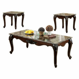 3-Piece Living Room Table Set With Marble Top, Dark Cherry