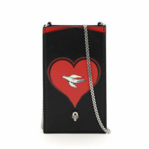ALEXANDER MCQUEEN PHONE CASE WITH PRINT AND CHAIN OS Black, Red Leather