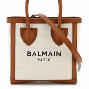 BALMAIN B-ARMY CANVAS TOTE LOGO OS Beige, Brown Leather, Cotton, Linen