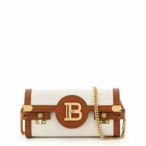 BALMAIN B-BUZZ 23 CLUTCH CHAIN OS Beige, Brown Leather, Cotton, Linen