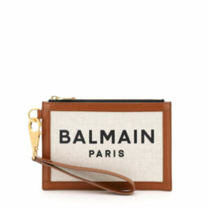 BALMAIN ZIPPED CANVAS POUCH WITH LOGO OS White, Brown Leather, Cotton, Linen