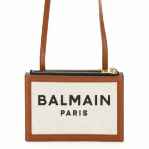 BALMAIN ZIPPED CANVAS POUCH WITH SHOULDER STRAP OS Beige, Brown Leather, Cotton, Linen