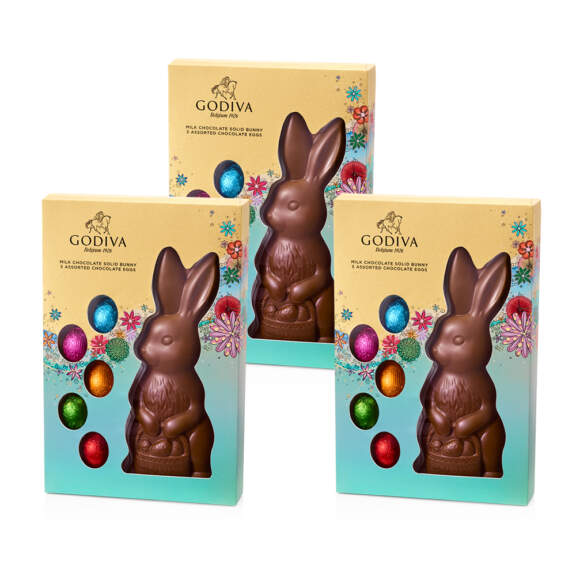 Godiva Solid Milk Chocolate Bunny with Foil Wrapped Chocolate Eggs, Set of 3 Dark Chocolate Godiva Solid Milk Chocolate Bunny with Foil Wrapped Chocolate Eggs, Set of 3 Dark Chocolate