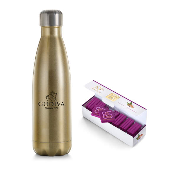 Godiva Water Bottle by Swell with Pure 7 Day 85% Dark Chocolate Squares Godiva Water Bottle by Swell with Pure 7 Day 85% Dark Chocolate Squares