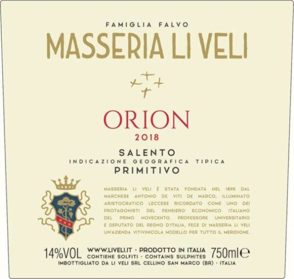 Li Veli 2018 Orion Primitivo - Red Wine