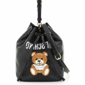 MOSCHINO MINI BUCKET BAG WITH TEDDY BEAR EMBROIDERY OS Black Leather