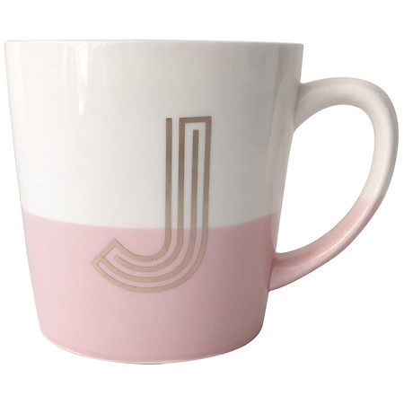 Modern Expressions Pink Monogram Stoneware Mug "J" Top Rim Diameter 3.94", Height 4.09" - 1.0 ea