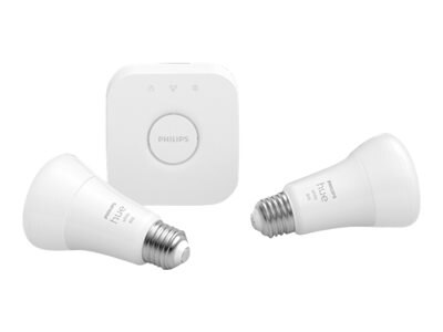 Philips Hue White Starter Kit - wireless lighting set - LED light bulb x 2 - shape: A19 - 10 W - total: 20 W - 2200-6500 K - white