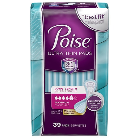 Poise Ultra Thin Incontinence Pads, Maximum Absorbency, Long - 39.0 ea