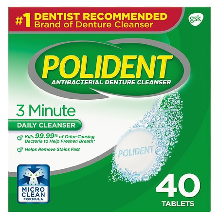 Polident 3 Minute Triple Mint Antibacterial Denture Cleanser Effervescent Tablets Triple Mint Freshness - 40.0 ea