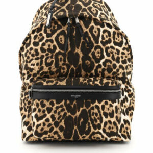 SAINT LAURENT CITY CANVAS LEOPARD BACKPACK OS Beige, Black, Brown Leather, Linen