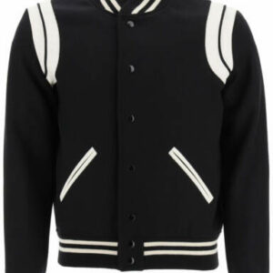 SAINT LAURENT TEDDY BOMBER IN WOOL AND LEATHER 52 Black, White Wool, Leather