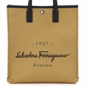 SALVATORE FERRAGAMO 1927 CANVAS TOTE BAG OS Brown, Beige, Black Leather, Technical