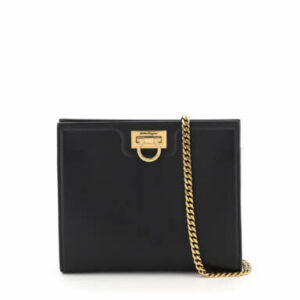 SALVATORE FERRAGAMO TRIFOLIO CLUTCH CHAIN OS Black Leather