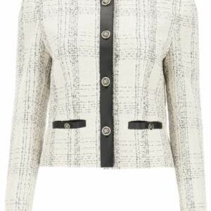 SALVATORE FERRAGAMO TWEED AND LEATHER JACKET 42 White, Black Cotton