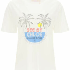 SEE BY CHLOE SUMMER TOUR PRINT T-SHIRT XS White, Blue, Red Cotton