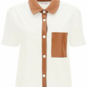 STAUD ANTON SHIRT WITH VEGAN LEATHER FINISHES XS White, Brown Cotton, Faux leather