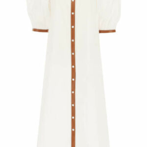 STAUD VINCENT DRESS IN COTTON AND VEGAN LEATHER XS White, Brown Cotton, Faux leather