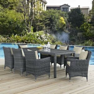 Summon 9 Piece Outdoor Patio Sunbrella® Dining Set in Antique Canvas Beige