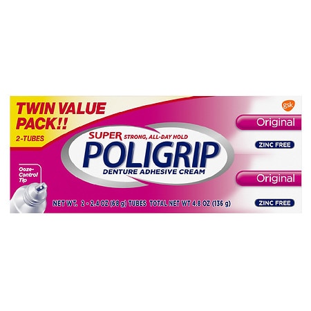 Super Poligrip Original Formula Zinc Free Denture & Partials Adhesive Cream Original - 2.4 oz x 2 pack